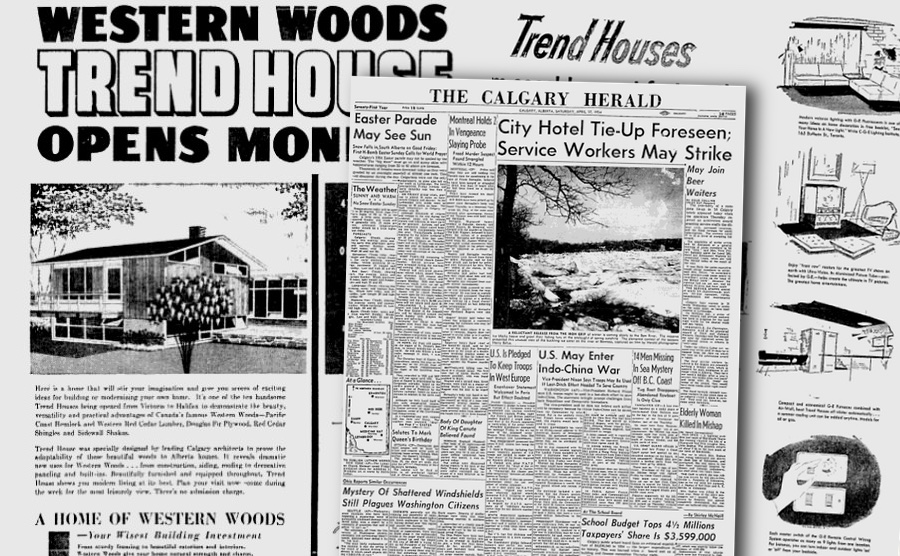 Calgary Herald May 1954 pages showing the advertisements for the Calgary Trend House