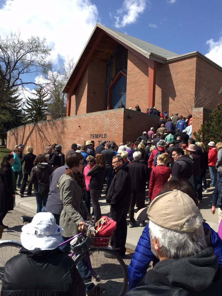 The crowd moves on to Temple B'Nai Tikvah - you can get a good sense of the turnout from this image...