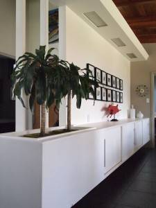 Built-in sideboard with planter and overhead lighting